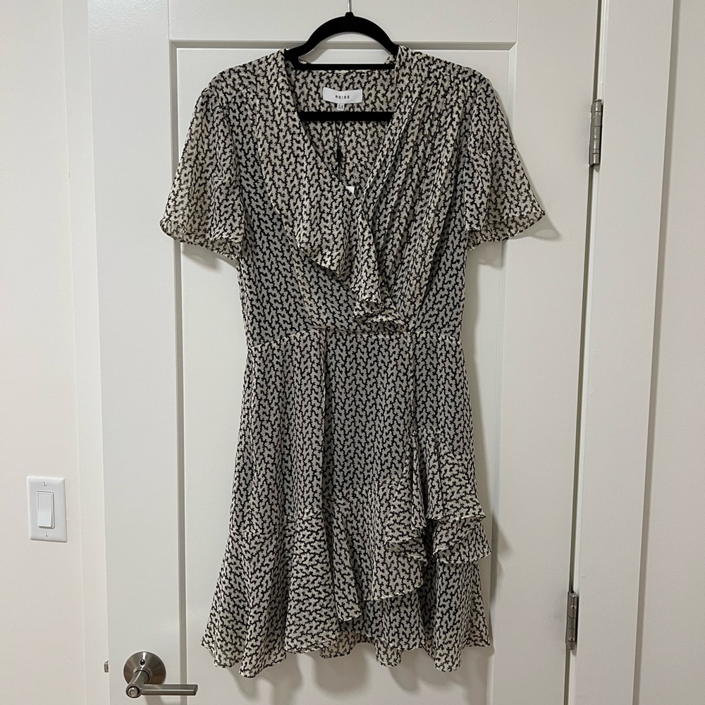 Reiss Black and White Ruffled Wrap Dress